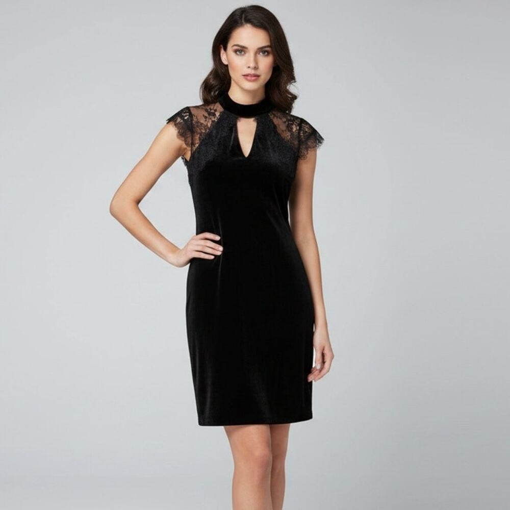 WHITE HOUSE BLACK MARKET Black Velvet Shift Cocktail Dress with Lace Size 8